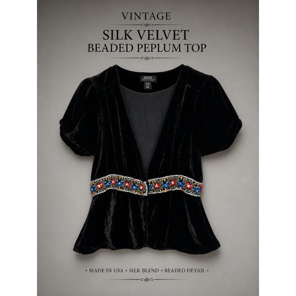 Vintage Silk Velvet Beaded Top Black Peplum Whimsygoth Boho Y2K Party M